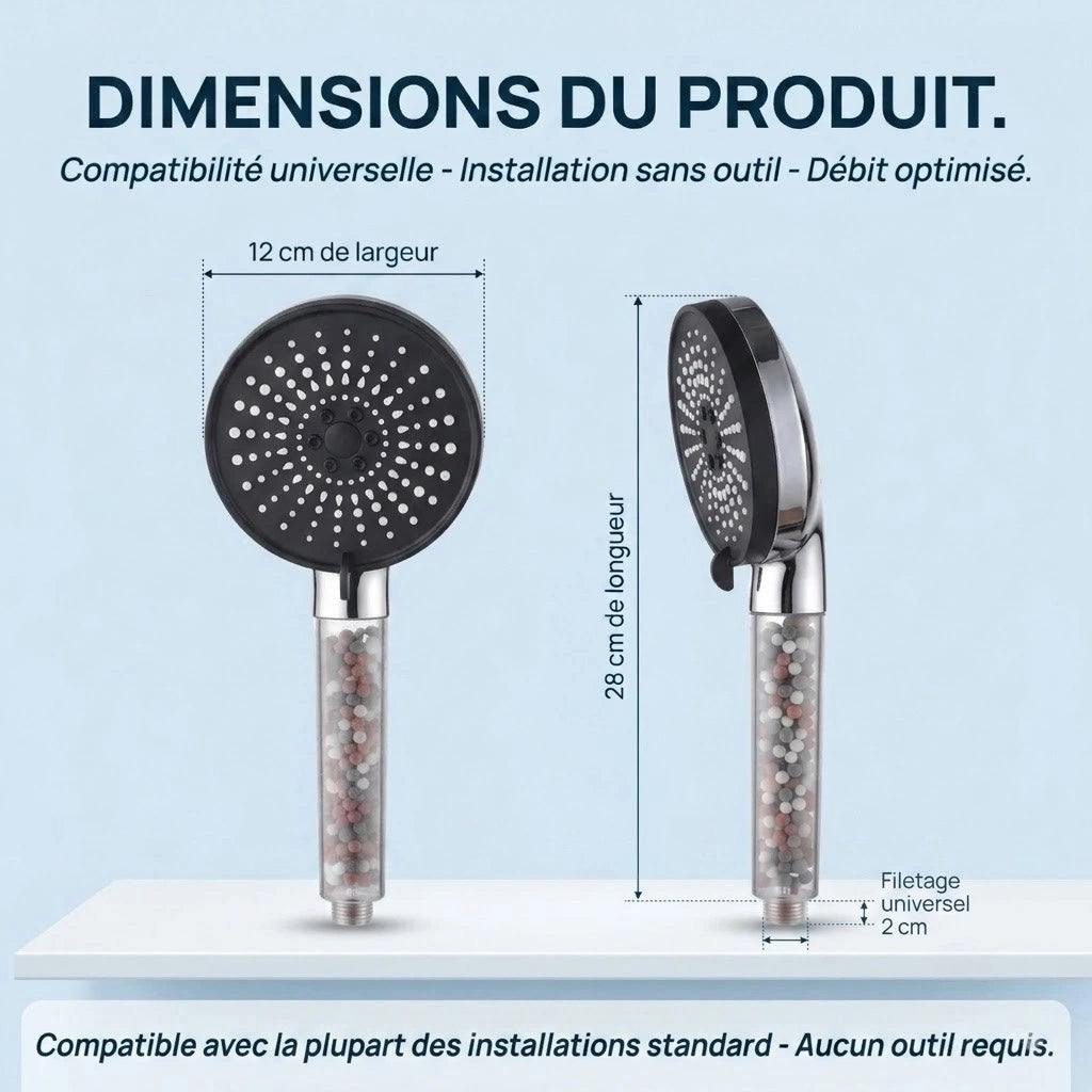 Pommeau de douche noir anti calcaire à billes 5 modes - vue de détail sur fond blanc
