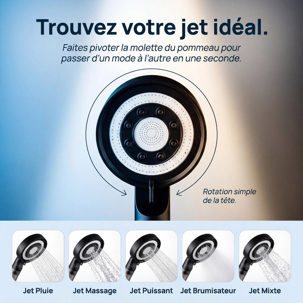 Présentation des jets d'un pommeau de douche haute pression noir.