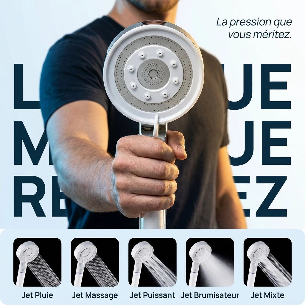 Pommeau de douche haute pression avec fonction anticalcaire présenté de face.