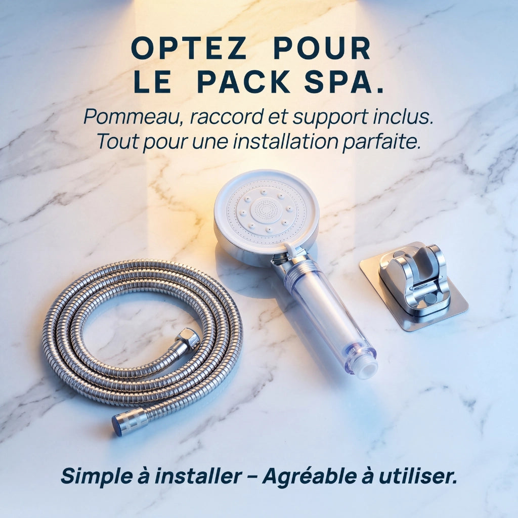 Pack spa pommeau de douche haute pression avec raccord et support de douche.
