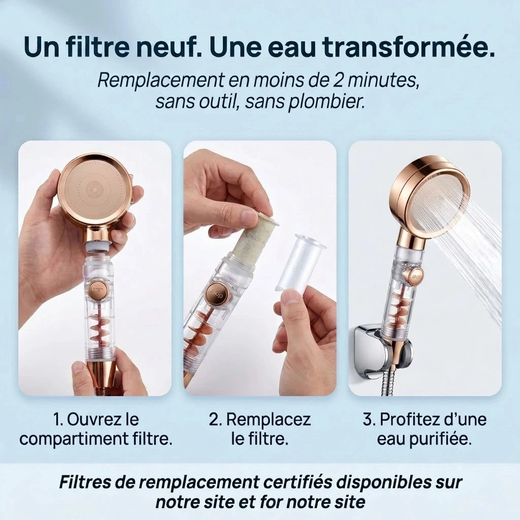 Pommeau de douche or rose anti calcaire turbo chargé - vue de détail sur fond blanc