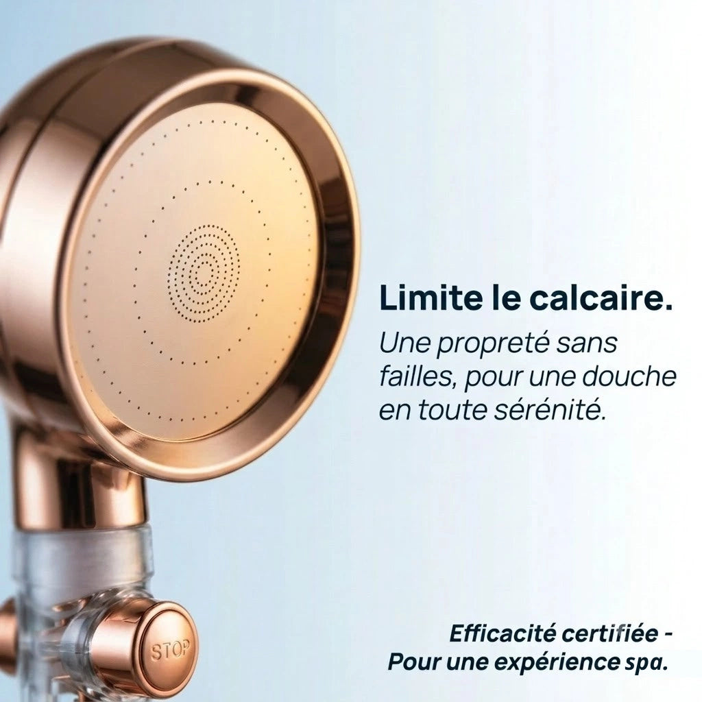 Pommeau de douche or rose anti calcaire turbo chargé - vue de dos sur fond blanc