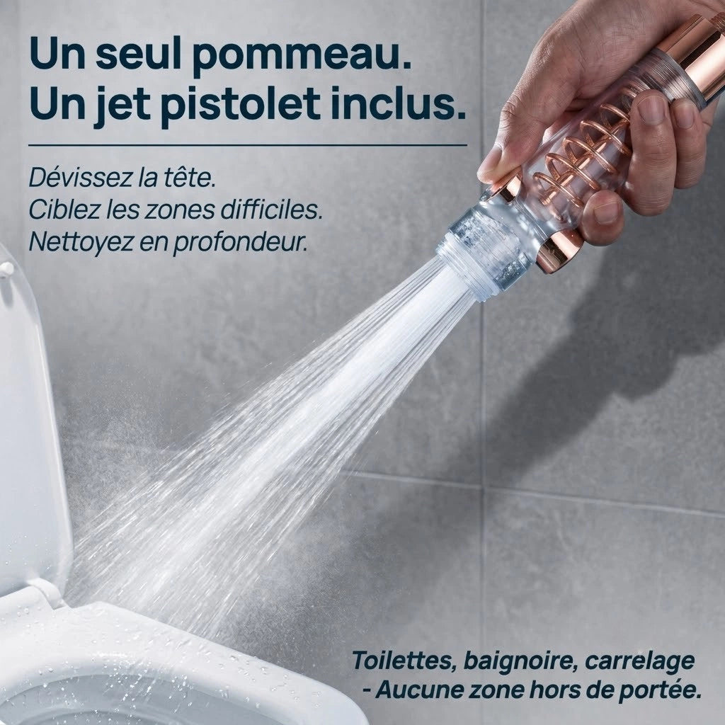 Pommeau de douche or rose anti calcaire turbo chargé - détail des buses sur fond blanc