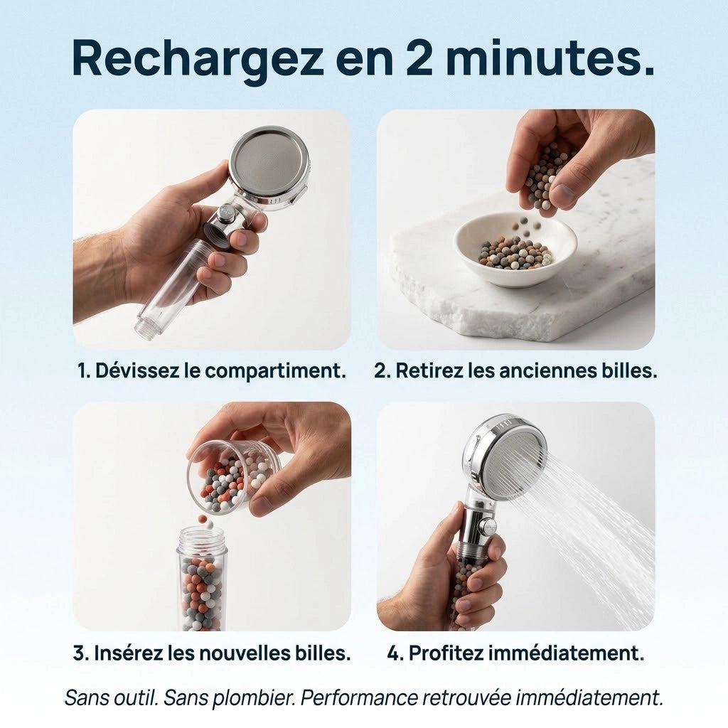 Pommeau de douche à billes stop eau - vue de dos sur fond blanc