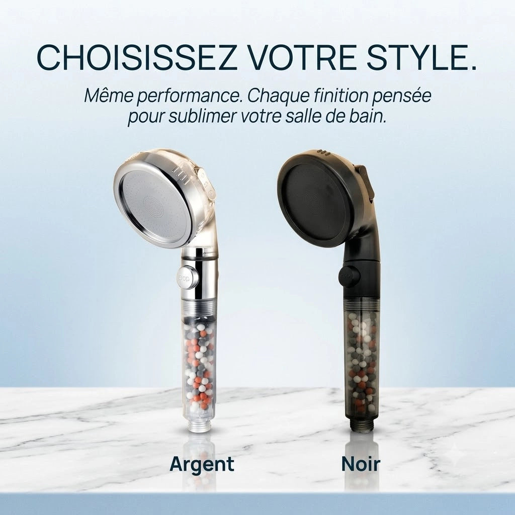 Pommeau de douche à billes stop eau - vue rapprochée sur fond blanc