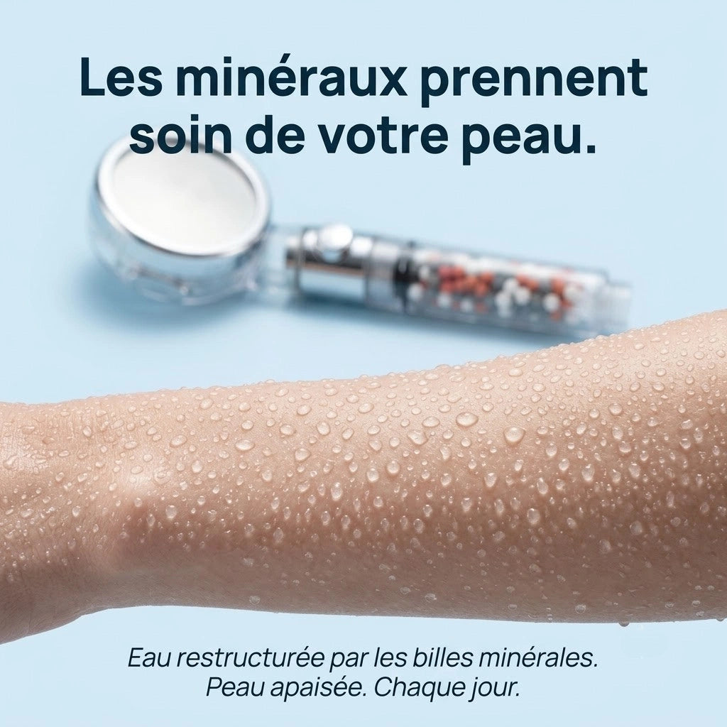 Pommeau de douche à billes stop eau - vue de côté sur fond blanc