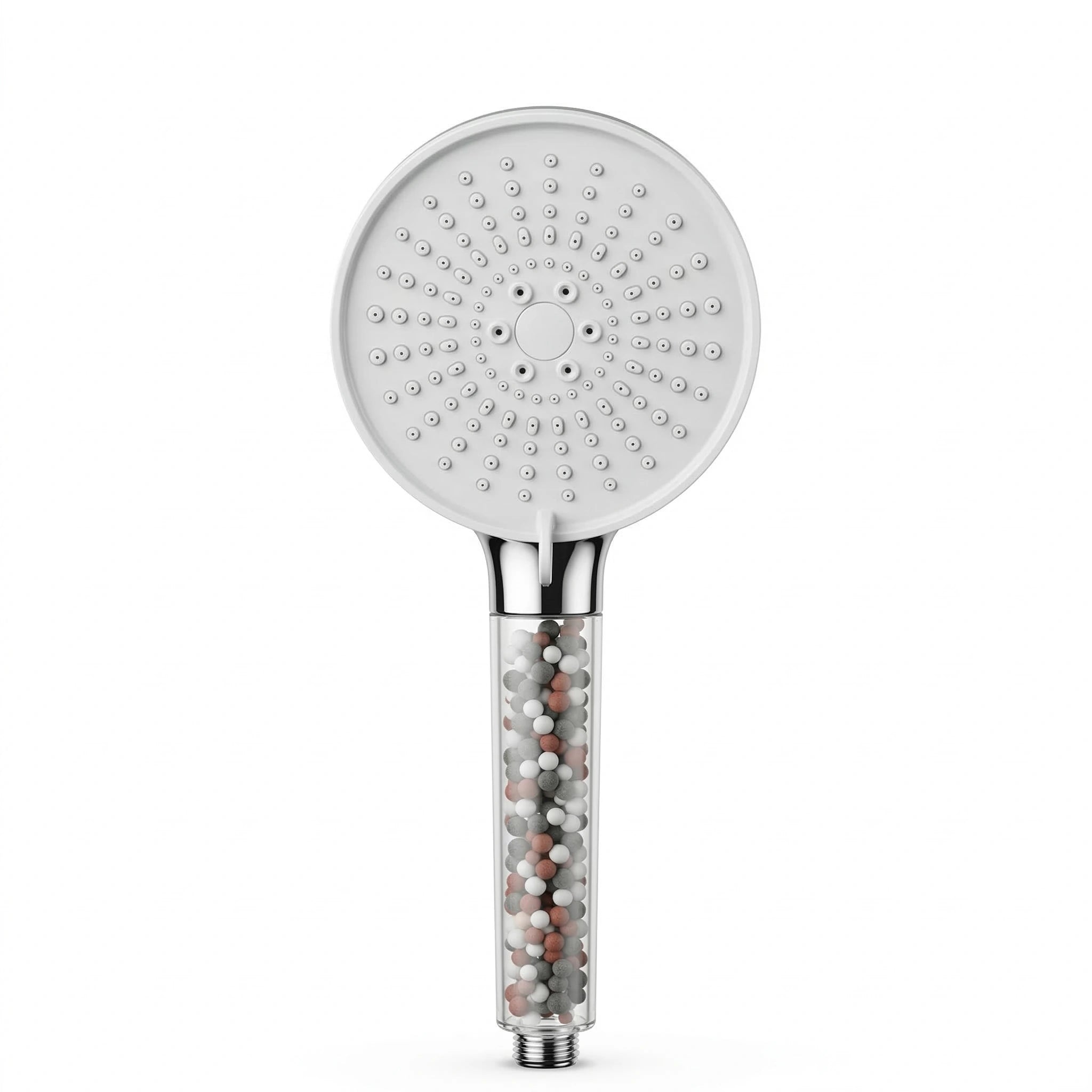 Pommeau de douche à billes avec effet pluie vu de face sur fond blanc