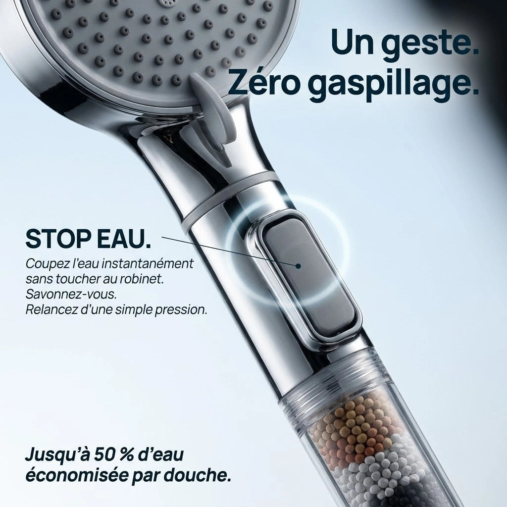 Pommeau de douche à billes multi-jets - vue de face sur fond blanc