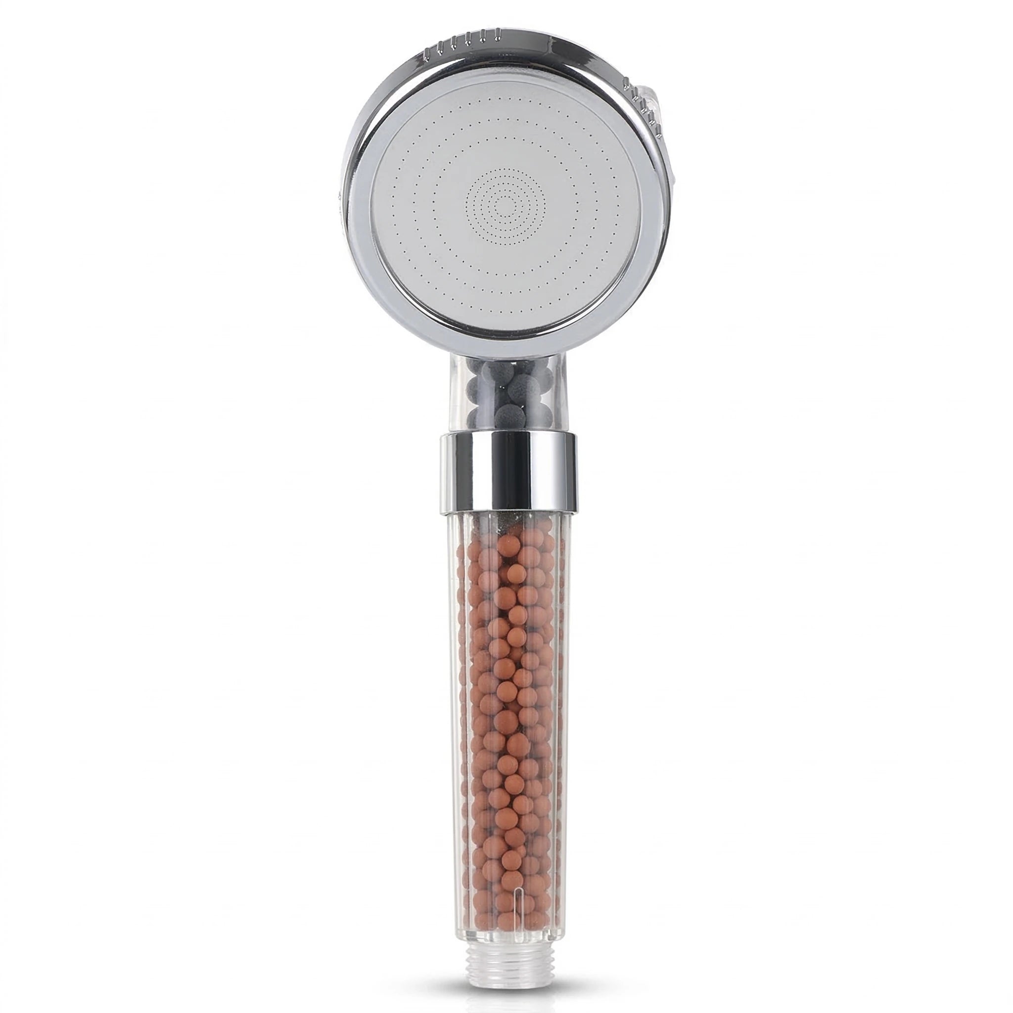 Pommeau de douche à billes avec effet spa vu de face sur fond blanc