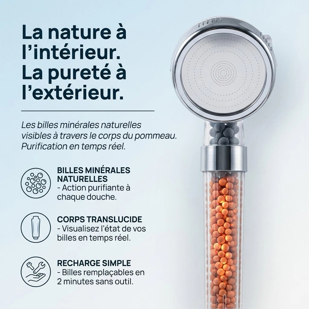 Pommeau de douche à billes spa - vue de face sur fond blanc