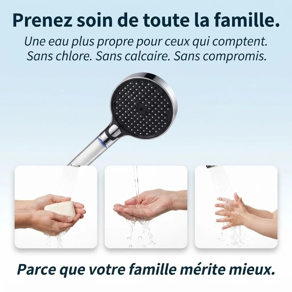 Pommeau de Douche avec Bouton Stop et Filtre - détail des buses sur fond blanc