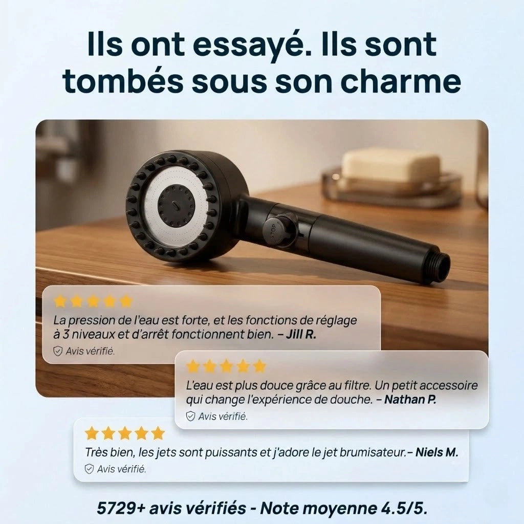 Pommeau de douche noir stop eau avec brosse - détail des buses sur fond blanc