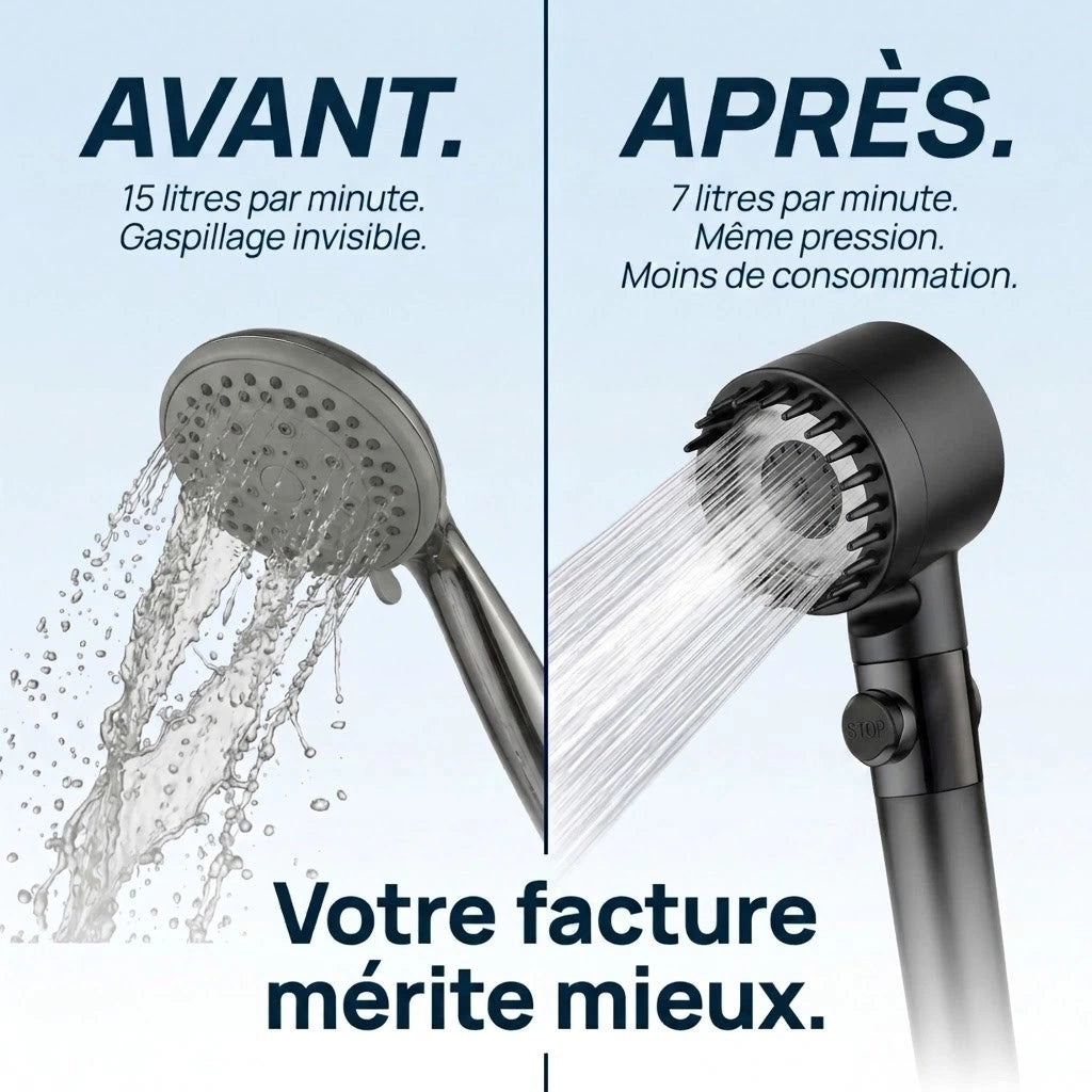 Pommeau de douche noir stop eau avec brosse - vue de face sur fond blanc