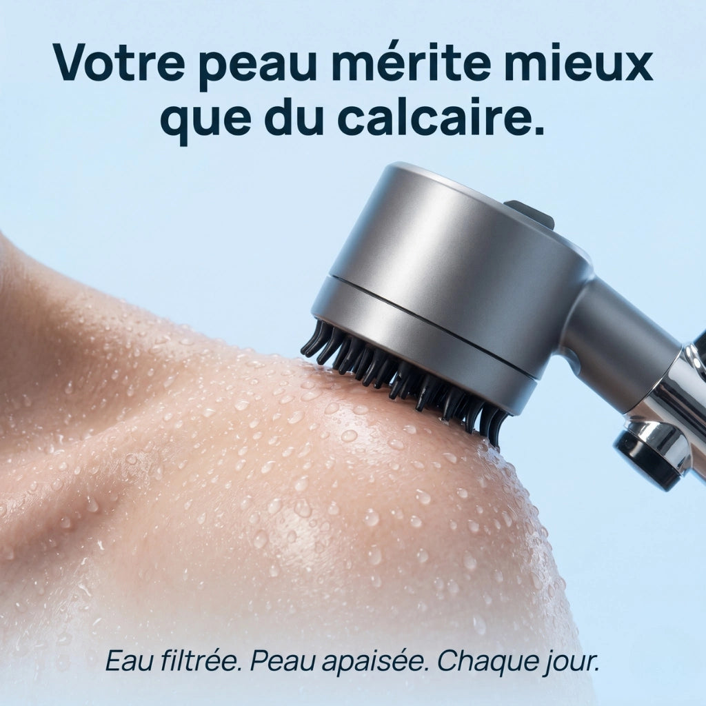Pommeau de douche économique stop eau avec brosse - vue de dos sur fond blanc