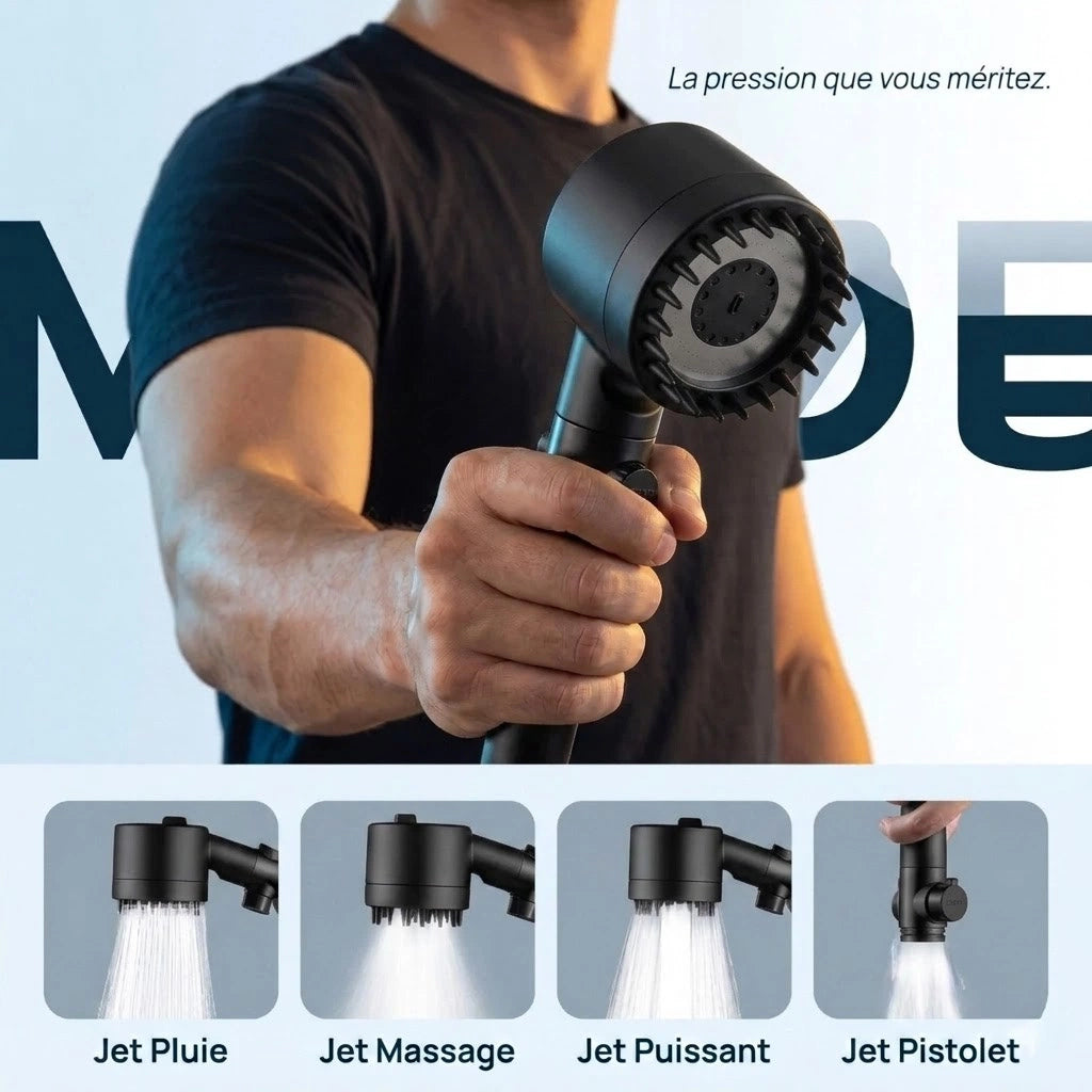 Pommeau de douche noir stop eau avec brosse - vue principale sur fond blanc
