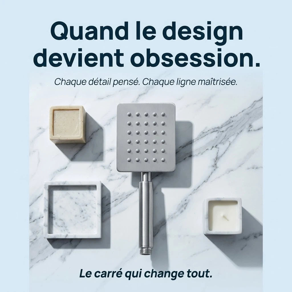 Pommeau de douche carré en acier inoxydable - vue de détail sur fond blanc