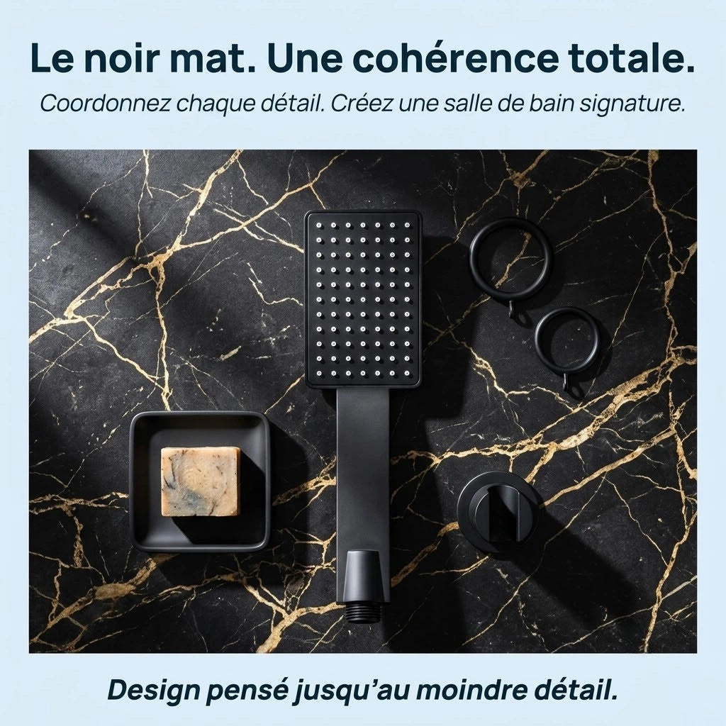 Pommeau de douche noir carré super pressurisé - vue de dos sur fond blanc
