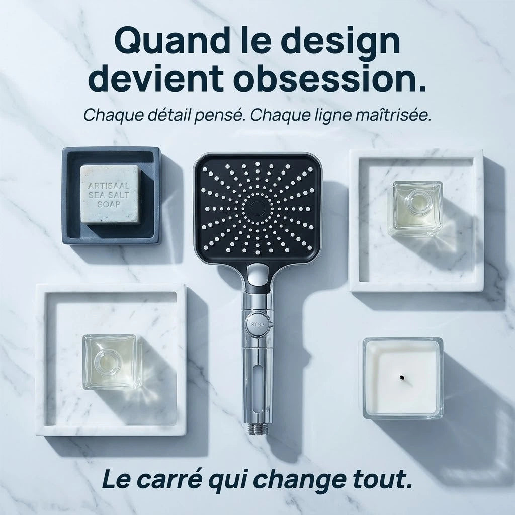 Pommeau de douche carré stop eau - détail des buses sur fond blanc