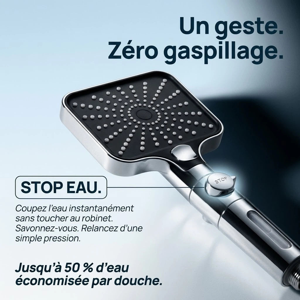 Pommeau de douche carré stop eau - vue de face sur fond blanc