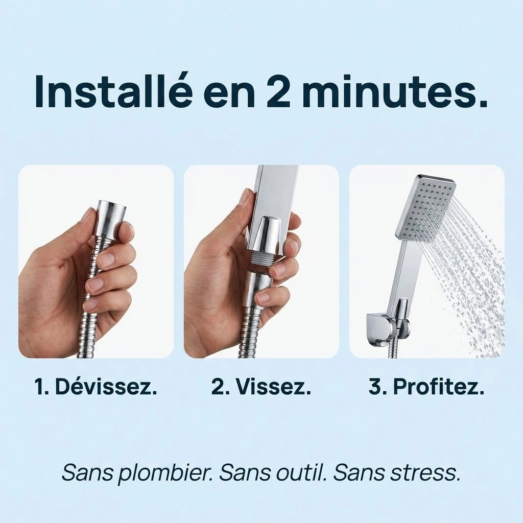 Pommeau de douche carré super pressurisé - vue de dos sur fond blanc