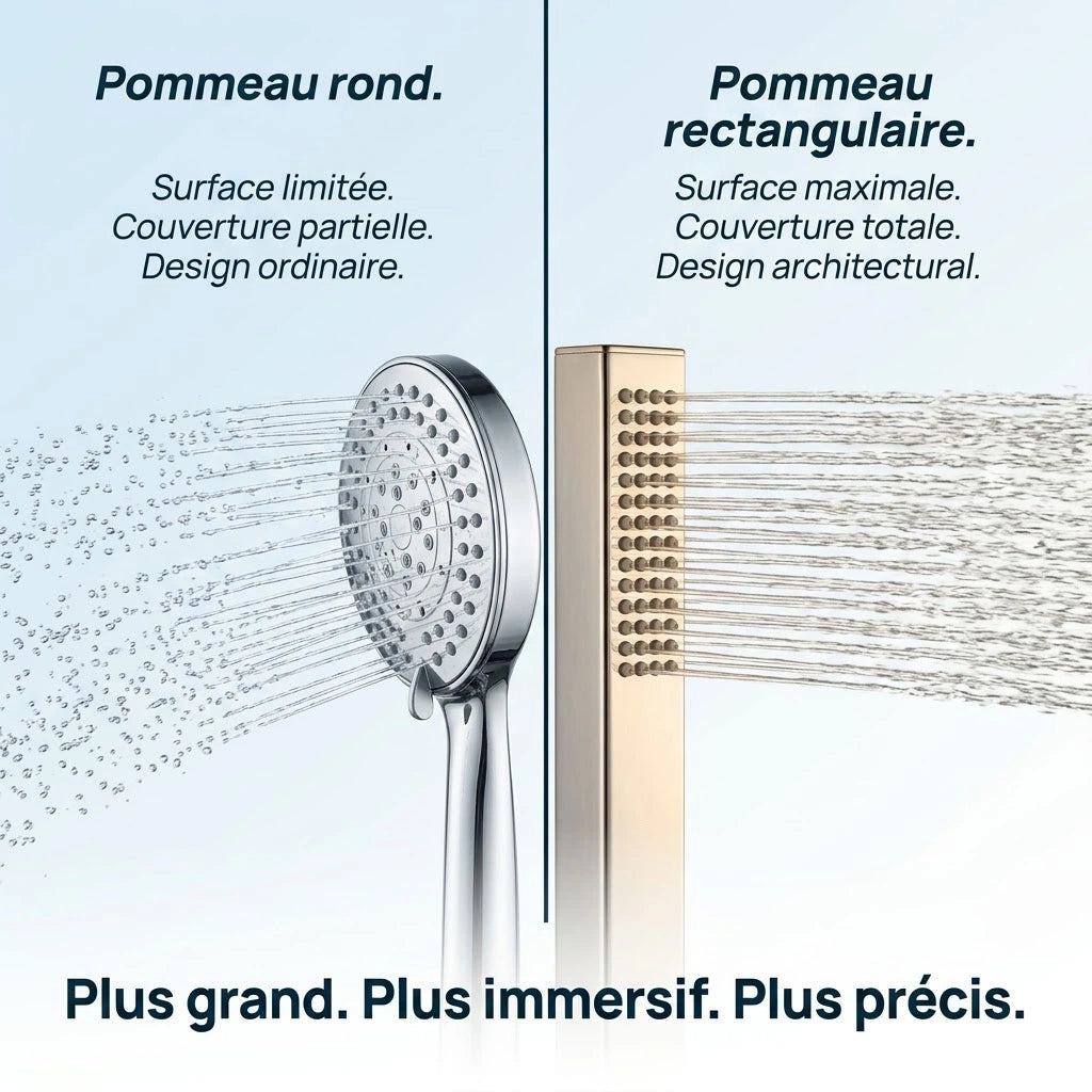 Pommeau de douche rectangulaire chromé - vue de côté sur fond blanc