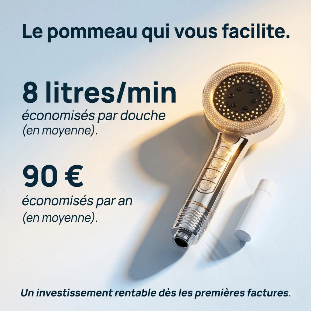 Pommeau de douche économique connecté avec filtre - vue de face sur fond blanc