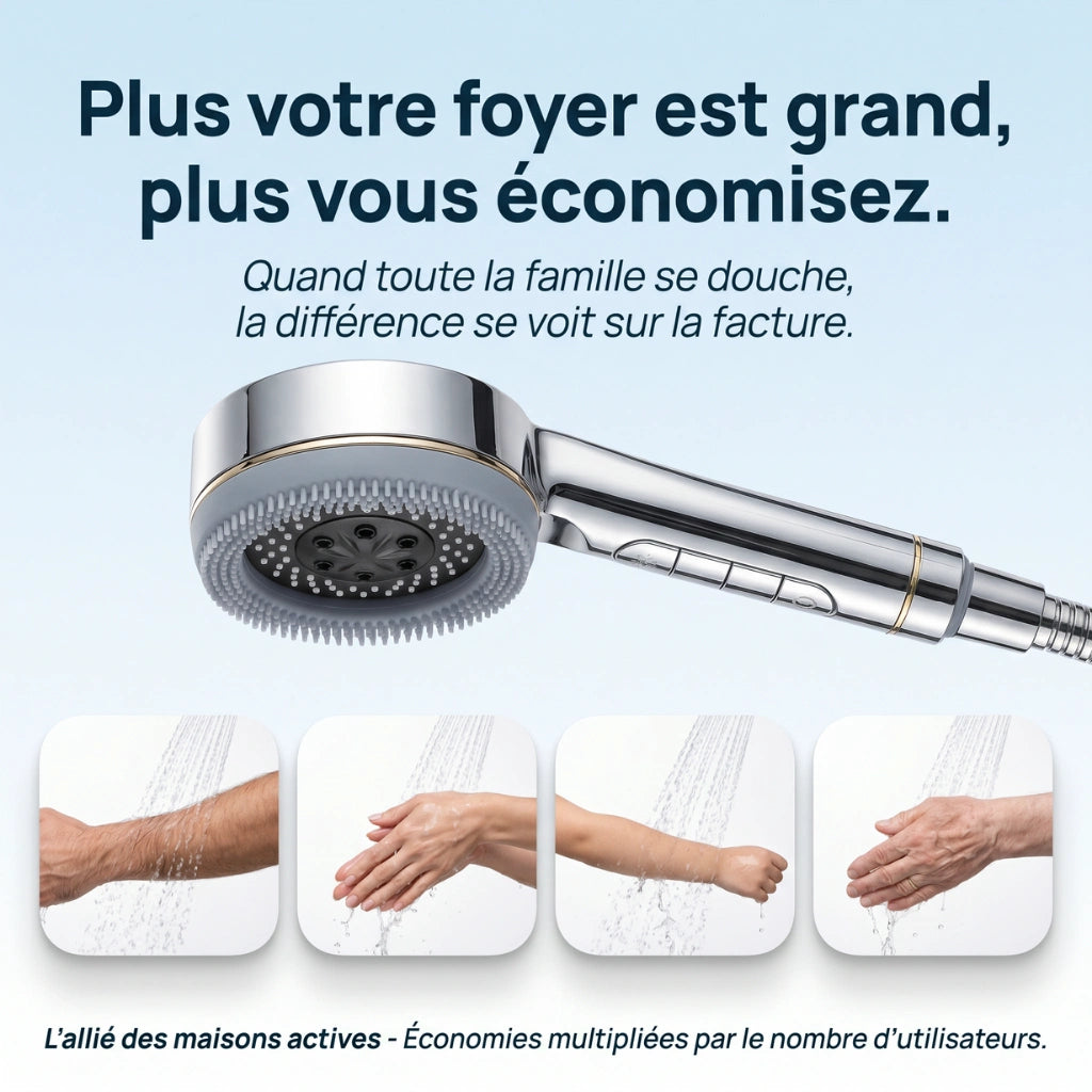 Pommeau de douche économique connecté avec filtre - détail des buses sur fond blanc