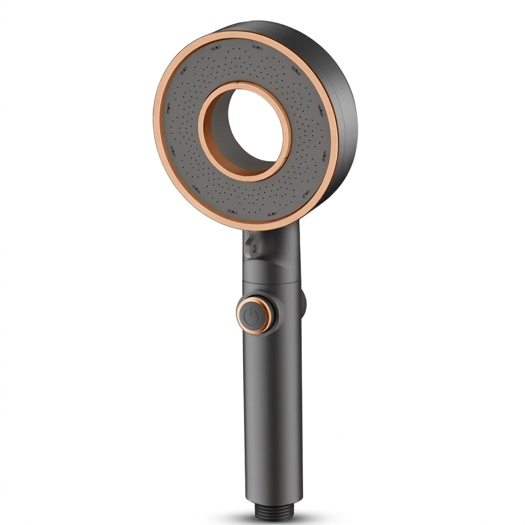 Pommeau de douche élégant gris conçu pour économiser l’eau présenté de côté