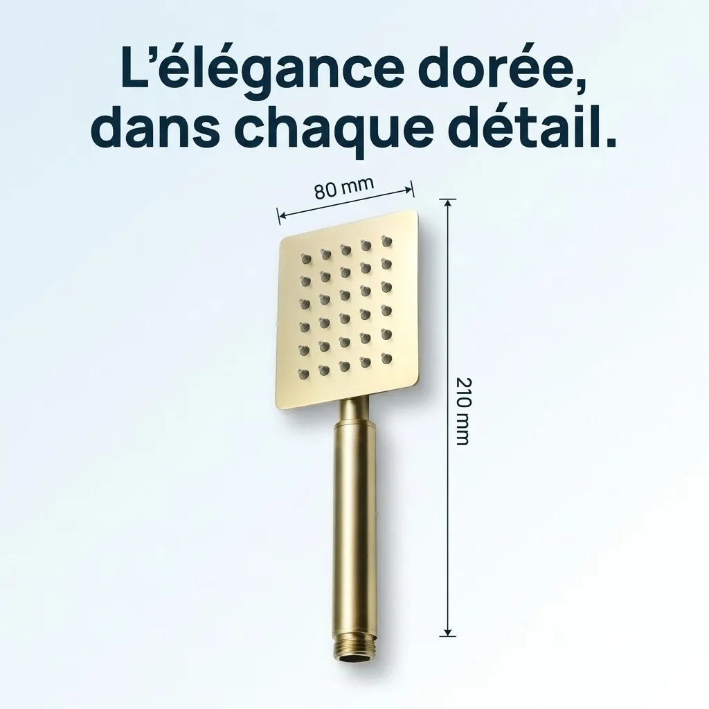 Pommeau de Douche Doré Brossé Tête Carrée Plate - vue de dos sur fond blanc