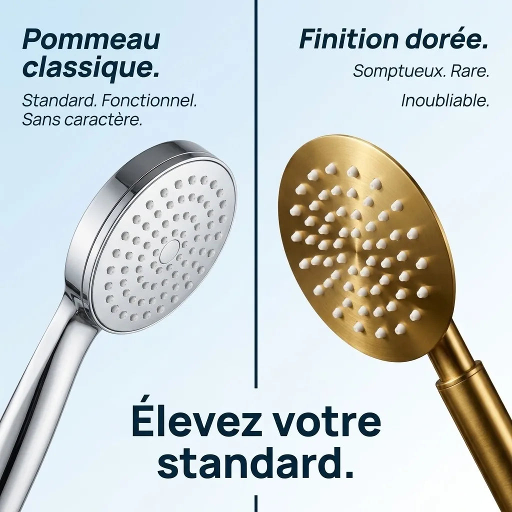 Pommeau de Douche Doré Brossé Grande Tête Ronde Plate - vue de face sur fond blanc