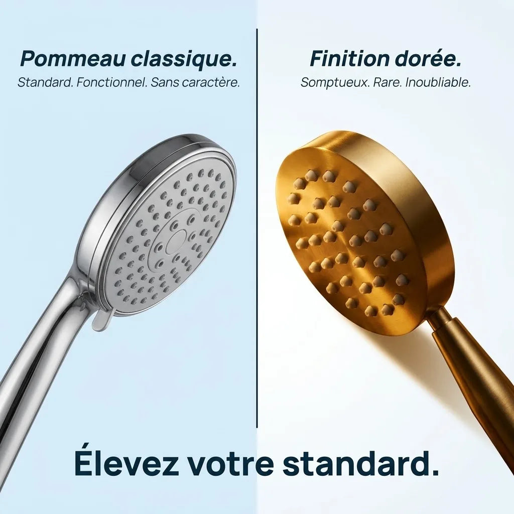 Pommeau de Douche Doré Brossé Rond Manche Conique - vue de face sur fond blanc