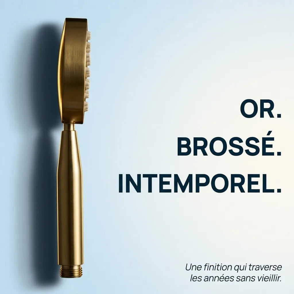 Pommeau de Douche Doré Brossé Rond Manche Conique - vue de détail sur fond blanc