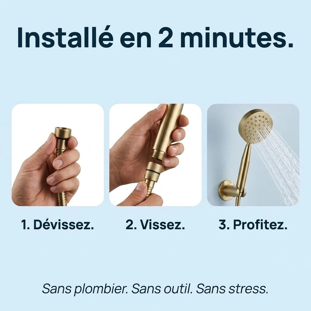 Pommeau de Douche Doré Brossé Rond Manche Conique - vue de dos sur fond blanc