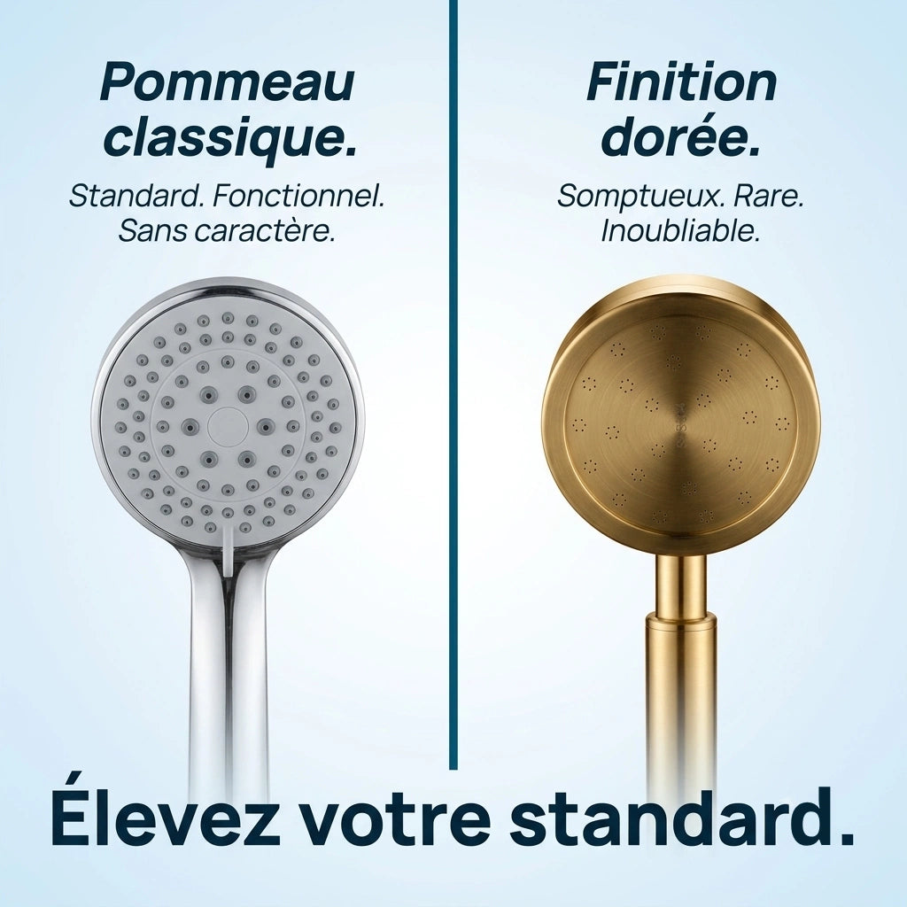 Pommeau de douche doré économie d'eau - vue de côté sur fond blanc
