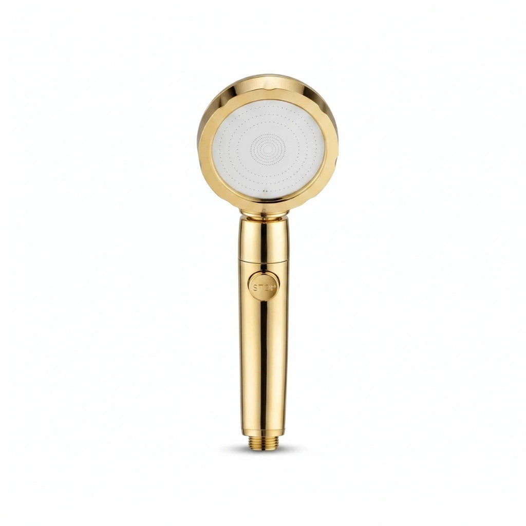 Pommeau de douche doré stop eau - vue principale sur fond blanc