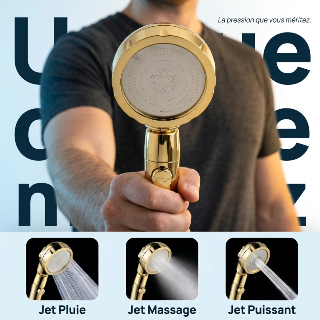 Pommeau de douche doré stop eau - vue de face sur fond blanc
