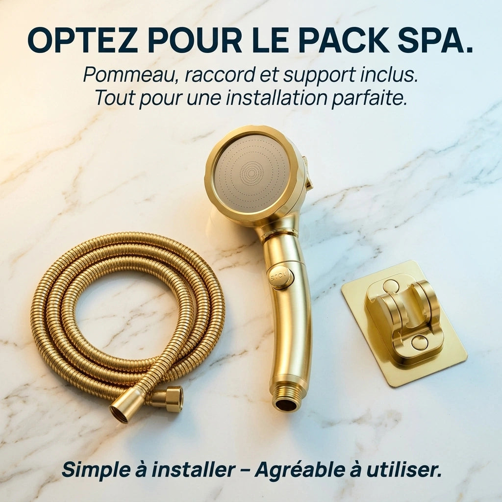 Pommeau de douche doré stop eau - en utilisation dans la douche