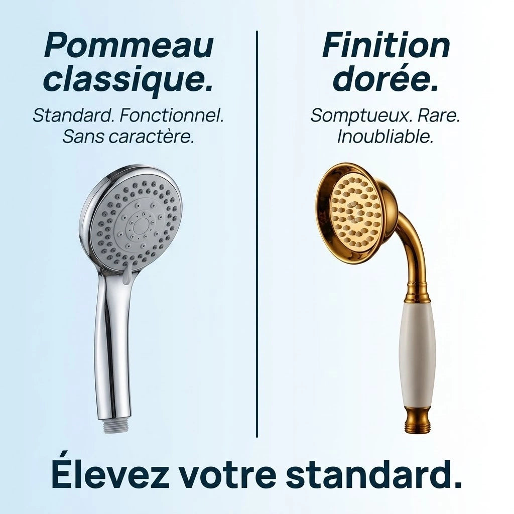 Pommeau de douche doré vintage à buses - vue de côté sur fond blanc