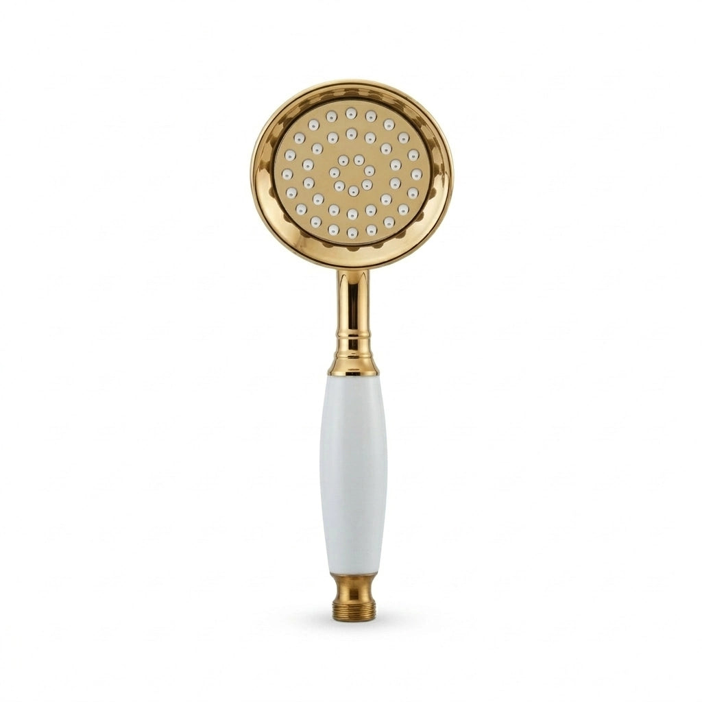 Pommeau de douche doré vintage à buse vu de face sur fond blanc
