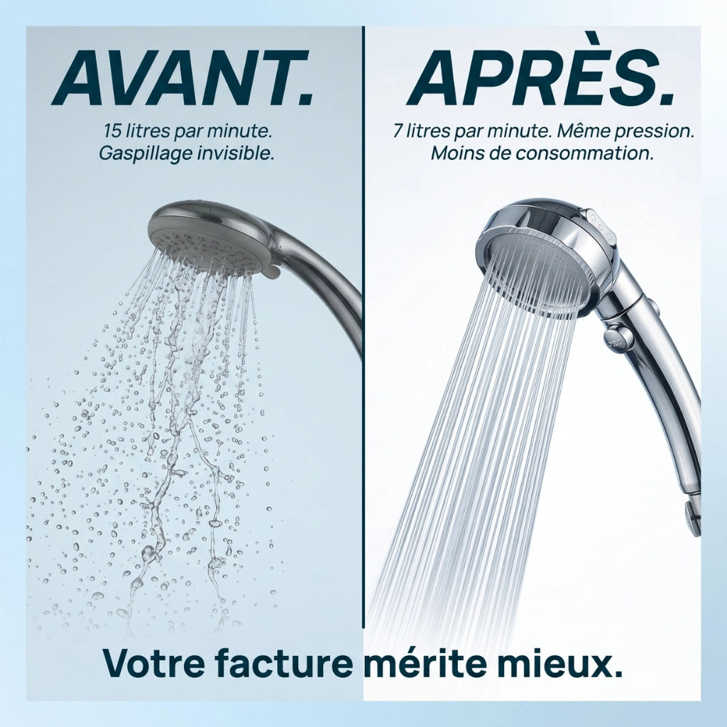 Pommeau de douche à économie d'eau - vue de face sur fond blanc