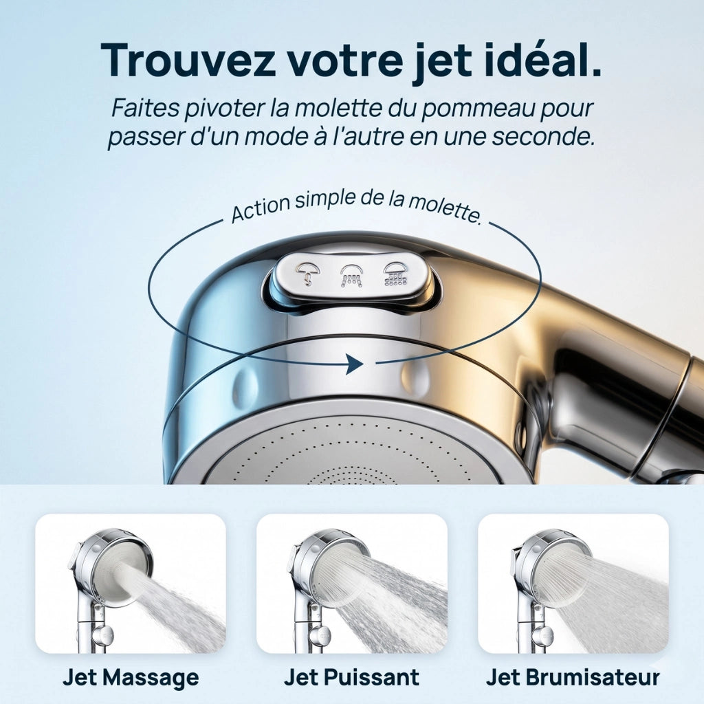 Pommeau de douche à économie d'eau - vue de détail sur fond blanc