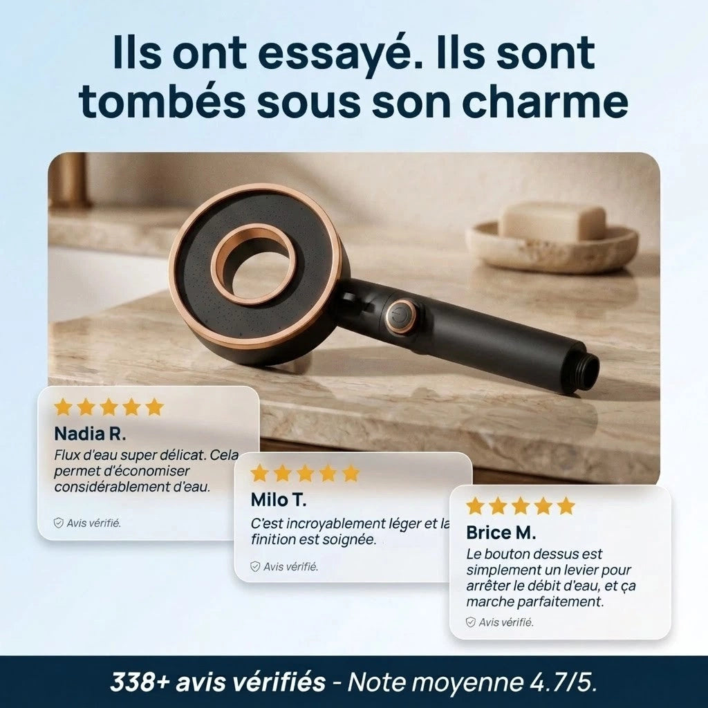 Pommeau de douche économique noir élégant - détail des buses sur fond blanc