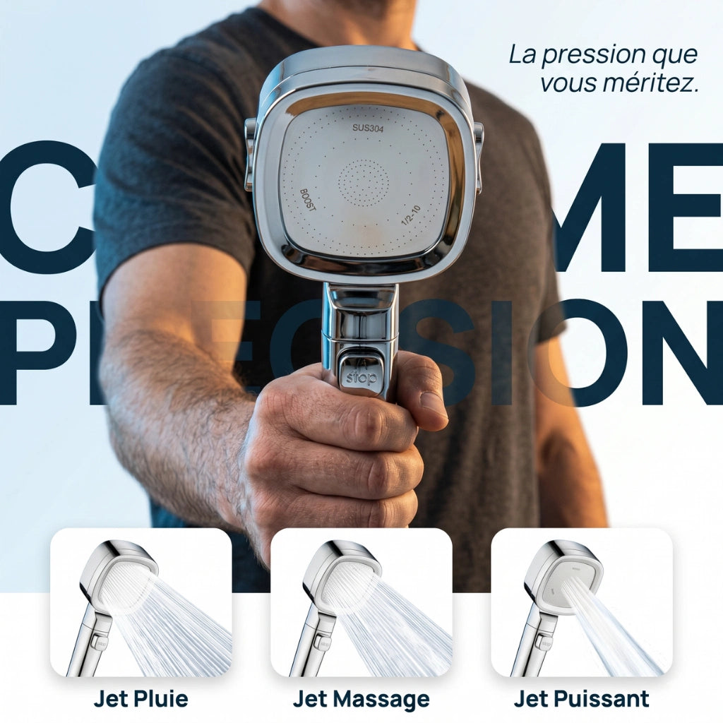 Pommeau de douche économique haute pression - vue de face sur fond blanc