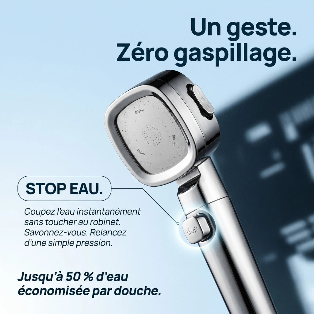 Pommeau de douche économique haute pression - détail des buses sur fond blanc