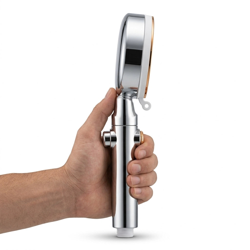 Pommeau de douche design moderne avec fonction économie d’eau vu de coté