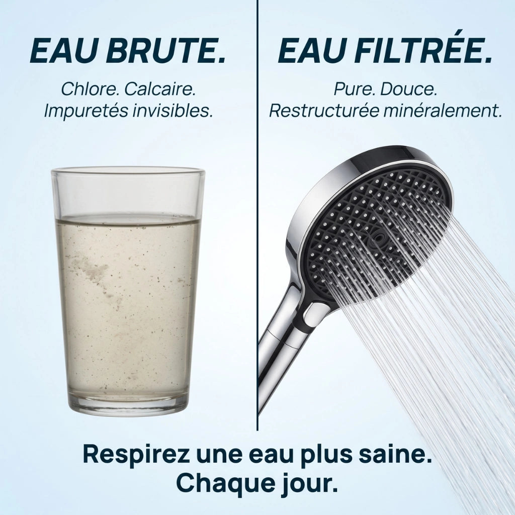 Pommeau de douche filtrant à haute pression - vue de détail sur fond blanc