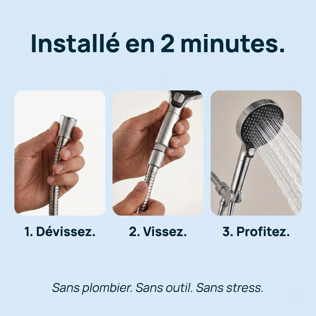 Pommeau de douche filtrant à haute pression - vue de côté sur fond blanc