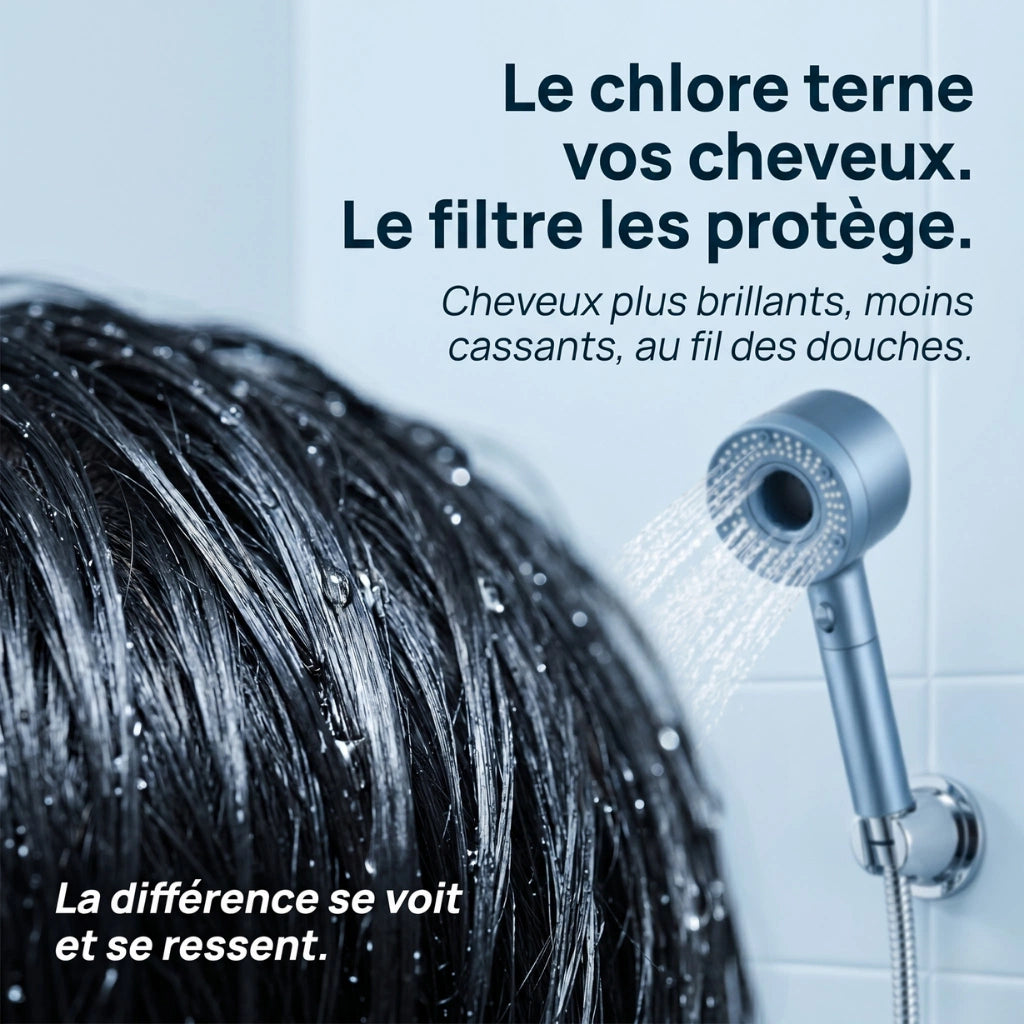 Pommeau de douche filtrant stop eau - vue de détail sur fond blanc