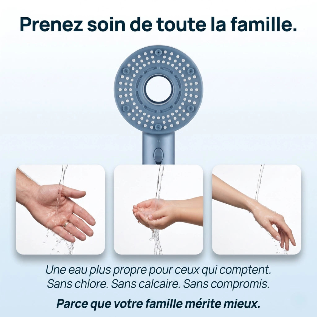 Pommeau de douche filtrant stop eau - vue de dos sur fond blanc