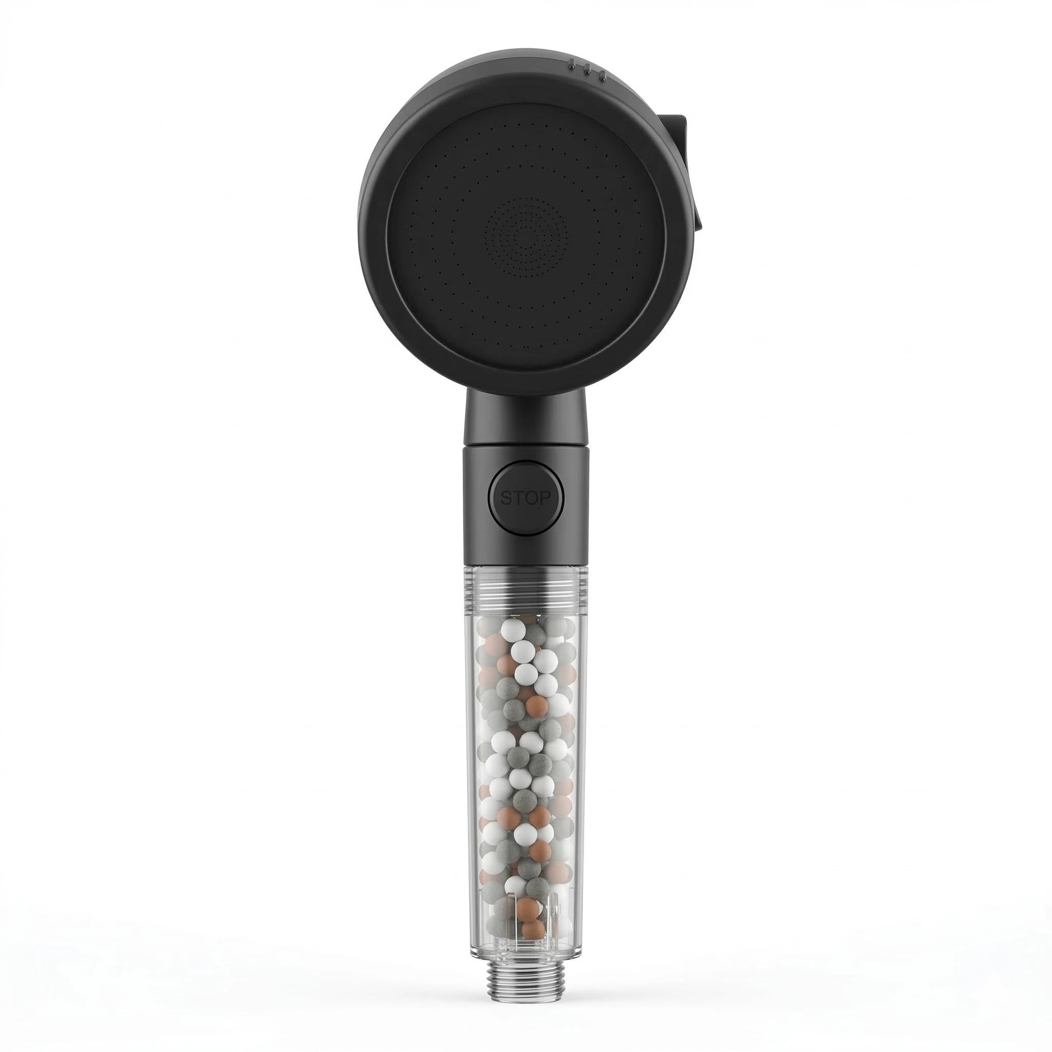Pommeu de douche avec billes de filtration et bouton stop eau intégré